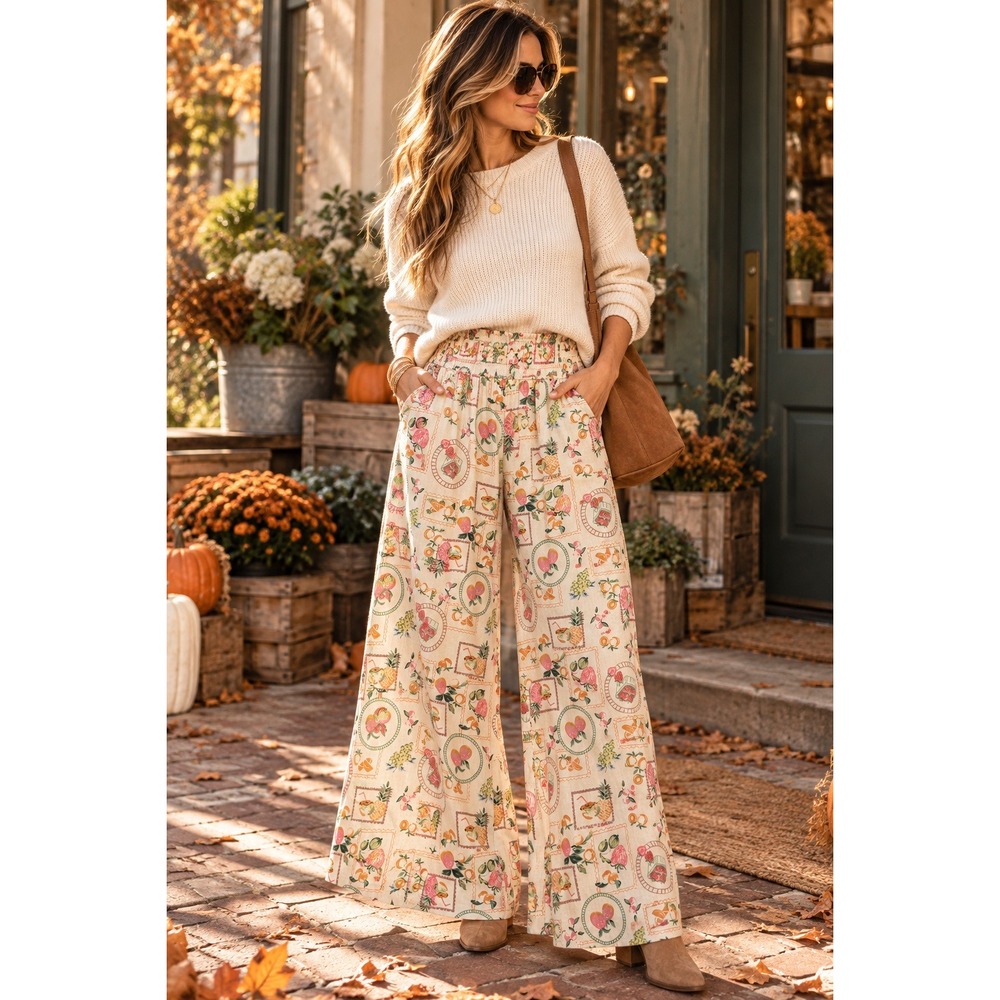 Joie Linen Blend Fruit Print Palazzo Pants Wide Leg Smocked Waist S